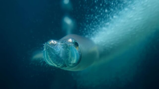 Close-up cinematic underwater footage of a curious squid gracefully swimming through dark blue ocean depths, emitting a trail of bubbles, symbolizing marine life