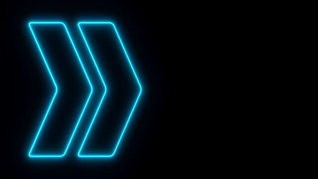 Arrows in neon light, blue illuminated, arrows point to the right. The arrows move forward, in an endless loop. Direction, pointing at something, right hand, orientation. 