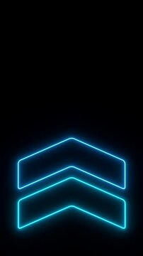 Arrows in neon light, illuminated in blue, purple and pink point upward. The arrows moving up, in an endless loop. Direction, pointing at something, above, orientation. 