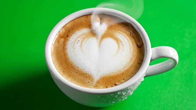 Green Screen Poured Milk Swirling Into a Perfect Heart Latte Art in a White Ceramic Coffee Cup