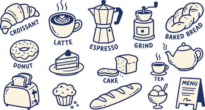 A collection of line art icons featuring baked goods and coffee shop items