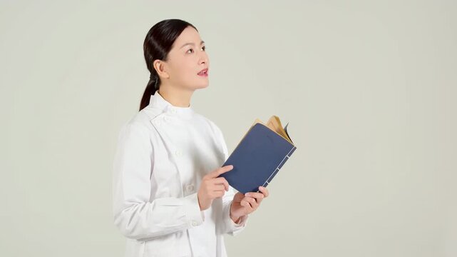 Portrait of a traditional medicine doctor shop owner wearing a lab coat reading thinking information from an ancient book, delving into medical documents, symbolizing continuous learning development