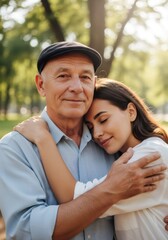 Obraz premium Senior man and young woman hugging in park. Daughter embracing elderly father with love and affection. Family connection, retirement, care for parents and intergenerational relationship.