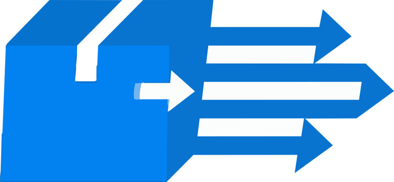 Blue shipping box with multiple white arrows indicating movement and delivery logistics PNG Isolated on transparent background