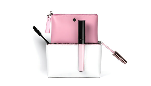 Makeup cosmetic products including mascara and lip gloss in pink bags, beauty essentials for personal grooming and makeup application