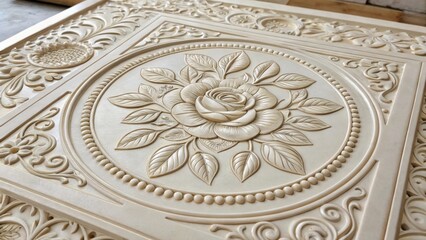 Fototapeta premium Intricate carved rose and floral pattern on a wooden panel