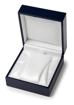 Open empty luxury watch box with white velvet cushion isolated on white background