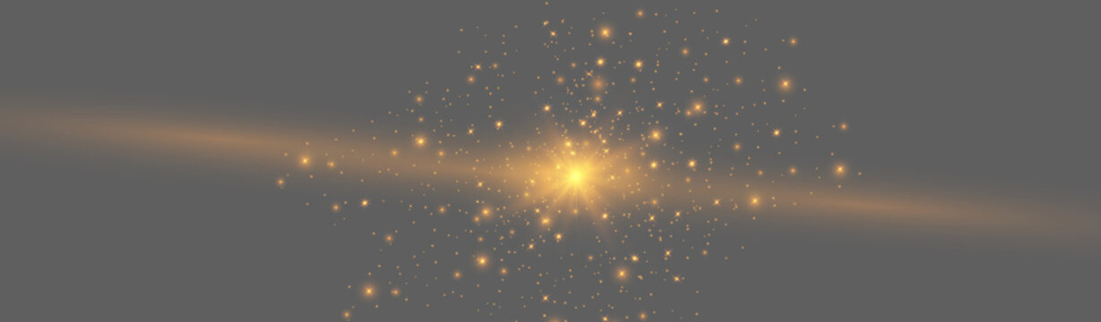 Gold neon horizontal flare with glowing bokeh particles, abstract golden light burst streak on gray background
