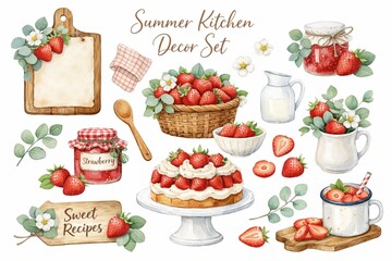 Lamas personalizadas para cocina con tu foto Watercolor strawberry kitchen decor clipart set with desserts jam and rustic elements