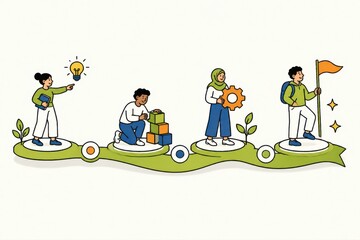 Fototapeta premium Diverse team growth journey illustration with idea lightbulb gear target and achievement flag on a winding path