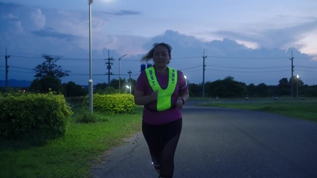 Front view of a middle-aged Asian woman jogging at twilight with reflective gear and an LED arm light for nighttime safety