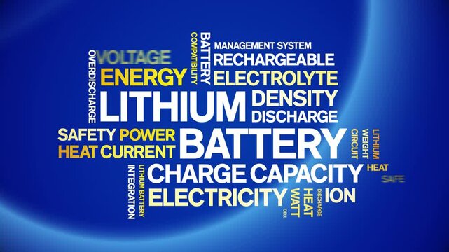 Lithium Battery animated word cloud-text design animation tag kinetic typography seamless loop.