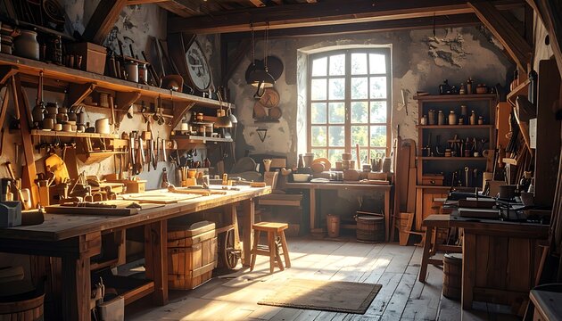 Vintage workshop interior with wooden workbench.