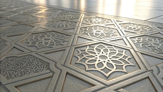 Intricate islamic geometric pattern on a stone floor
