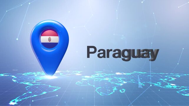 Paraguay Flag Inside Location Pin On Digital World Map Animation