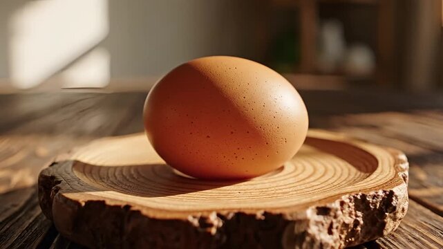Single Brown Egg on Rustic Wooden Plate in Sunlight.