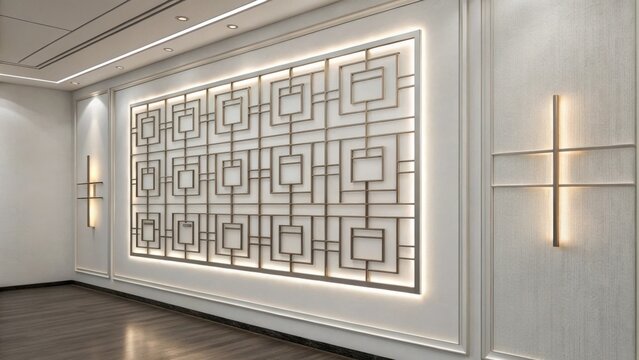 Modern interior design with geometric wall art and ambient lighting