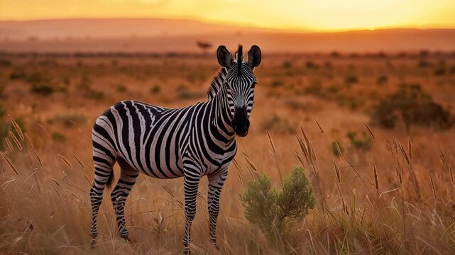 Zebra savanna sunrise grassland wild animal mammal serene warm light standing golden savanna