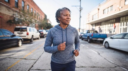 Fototapeta premium Senior Black woman jogging on city street