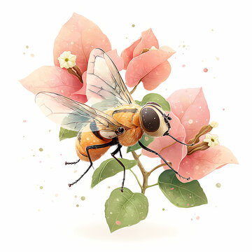 A cute Fruit Fly on Overripe Bougainvillea Hover around decaying bracts of bougainvillea, watercolor illustration, isolate on white background.