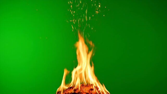 Green Screen Controlled Burning Fire Flames with Sparks Rising Slowly