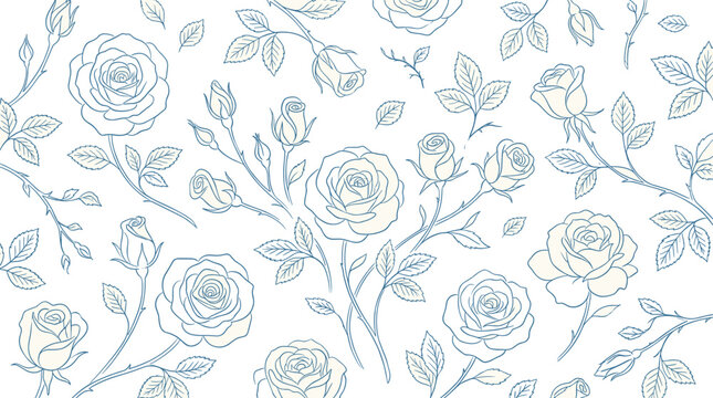A seamless pattern of blue roses and leaves on a cream background