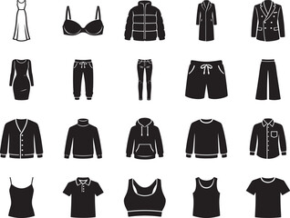 Clothing apparel line icon set featuring t-shirt, hoodie, jeans, jacket, bra, jumpsuit in clean outline style. © mstsalha