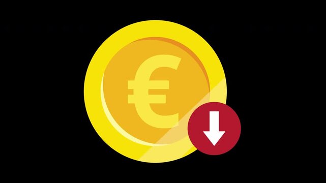 Transparent Alpha Channel Falling Euro Currency Icon with Red Down Arrow for Market Deficit