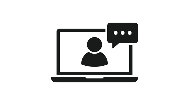 Laptop computer monitor icon featuring a generic user avatar inside with an online chat bubble