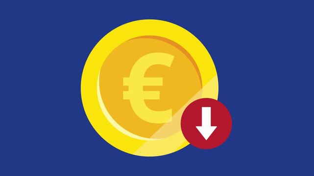 Gold Euro Coin Value Decrease Down Arrow Animation on Navy Blue Background for European Finance Crash