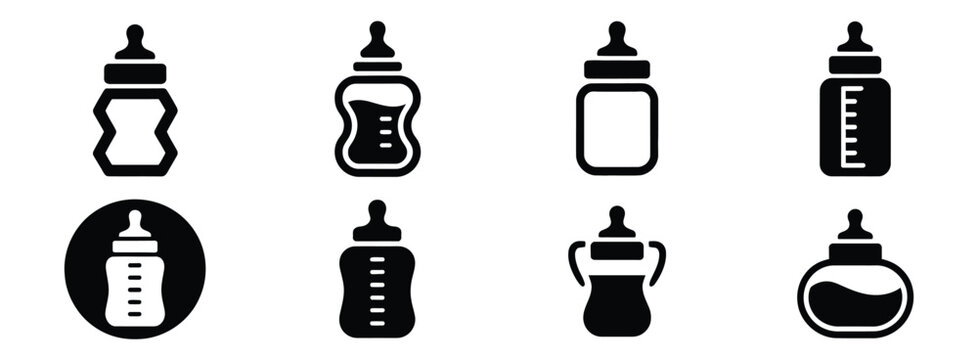 Baby Bottle icon set, silhouette and outline feeding bottle symbols for childcare, infant nutrition, newborn care products, parenting and nursery vector illustration.
