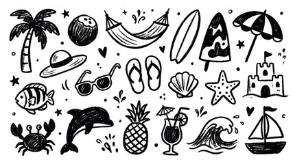 Fototapeta premium Collection of hand-drawn black and white summer vacation icons with a charming, whimsical, and playful style on a clean white background