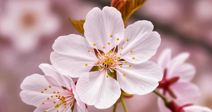 Pink cherry blossoms blooming on a soft pink background  