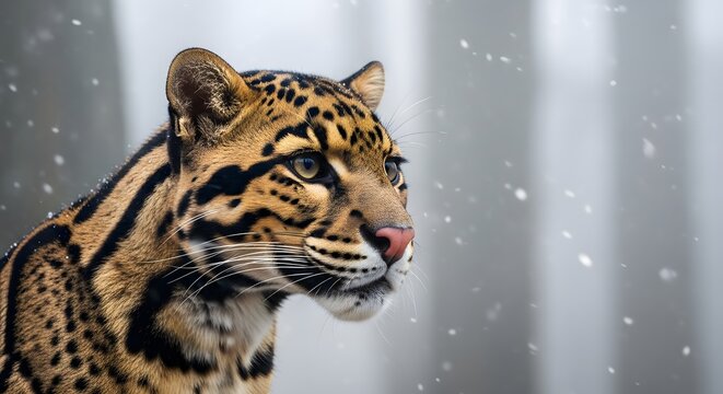 Closeup portrait of a beautiful clouded leopard in the snow