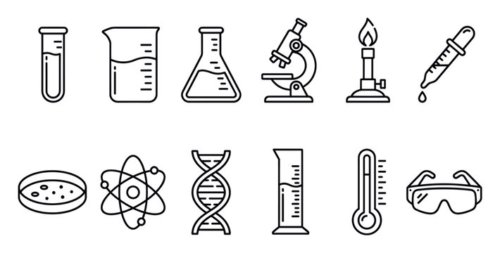 Collection of various black outline science and laboratory equipment icons on a clean white background, perfect for educational design