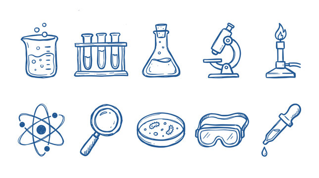 Various hand-drawn blue science laboratory equipment icons are neatly arranged on a clean white background, depicting essential tools for research and experimentation