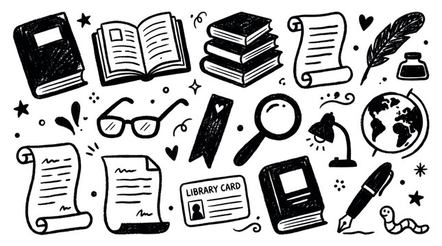 Various hand-drawn black and white education and learning icons are scattered across a clean white background, creating a playful pattern