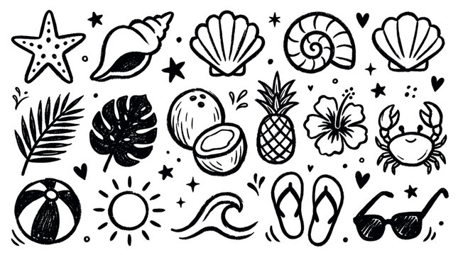 Various hand-drawn black and white summer vacation elements are arranged on a clean white background, creating a playful doodle pattern