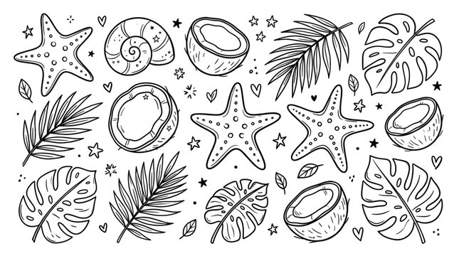 Hand-drawn black and white summer beach elements pattern with starfish, coconuts, and tropical leaves on a clean background