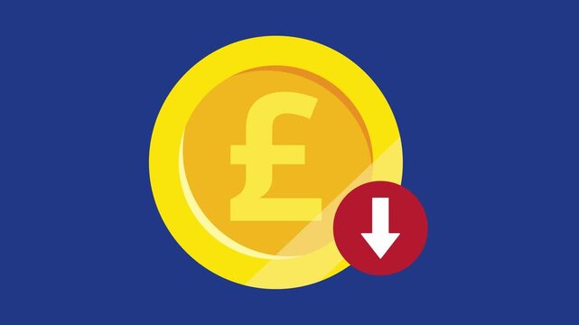 British Pound Sterling GBP Coin Value Decrease Down Arrow Animation on Navy Blue Background