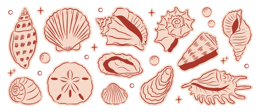 Set of stylized seashells in red line art style. Hand drawn Mediterranean seashells, bubbles and sparkles, ideal for coastal branding, marine branding, summer decor, stickers.