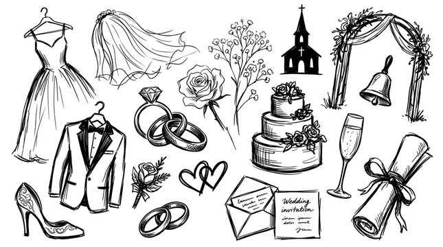 Hand-drawn black and white wedding elements collection featuring a dress, rings, cake, and church on a clean background