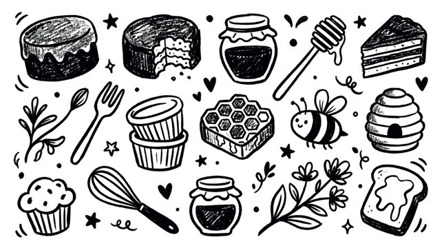 Hand-drawn black and white doodle set featuring various sweet treats and baking elements on a clean white background
