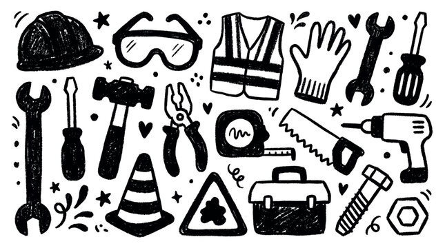 Hand-drawn black and white construction and repair tools doodle pattern on a clean white background, creating a playful and illustrative design