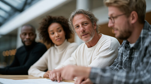 Diverse group of early adopters seated around a folding table in a busy community center, animatedly pointing at a rough paper prototype during a scrappy customer discovery