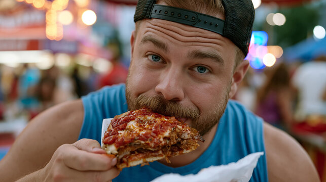 Competitive eater at carnival booth in July Fourth setting surrounded by noise and crowds, internal expression showing disconnection from hunger cues, mindless eating contrast to mindful practice, h
