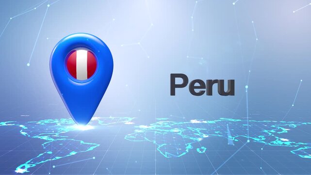 Peru Flag Inside Location Pin On Digital World Map Animation
