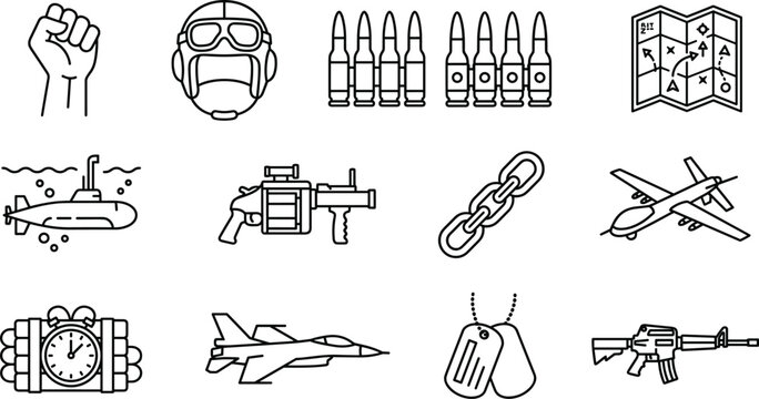 Army and defense flat line vector icons with grenade launcher and dog tags on transparent checkered pattern.