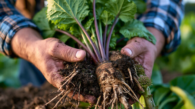 Farmer harvesting chicory root and burdock in open field at sunrise, prebiotic vegetable cultivation, outdoor nature setting, soil on hands, connection between earth and gut health, World Population