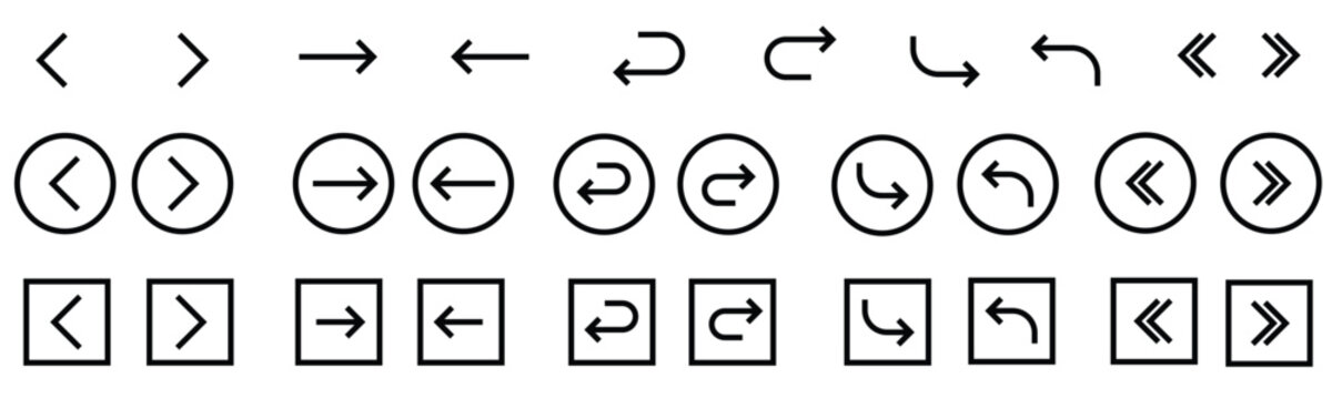 Collection of thin arrow icons featuring minimalist user interface navigation buttons circle pointers and square frames